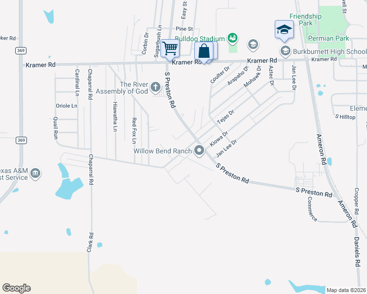 map of restaurants, bars, coffee shops, grocery stores, and more near 1010 Pawhuska Lane in Burkburnett
