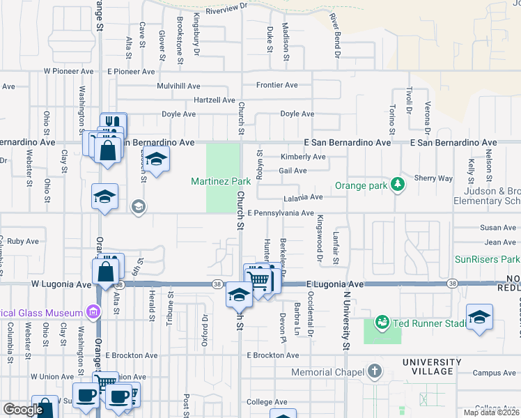 map of restaurants, bars, coffee shops, grocery stores, and more near 857 East Pennsylvania Avenue in Redlands