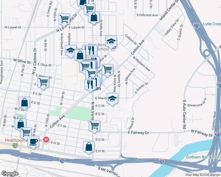 map of restaurants, bars, coffee shops, grocery stores, and more near 853 Orange Grove Avenue in Colton