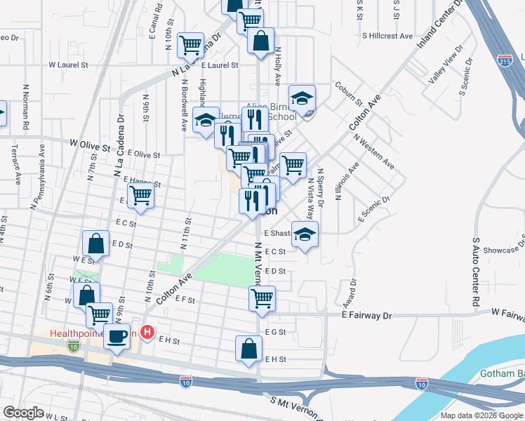 map of restaurants, bars, coffee shops, grocery stores, and more near in Colton