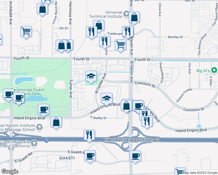 map of restaurants, bars, coffee shops, grocery stores, and more near 3350 Concours Street in Ontario