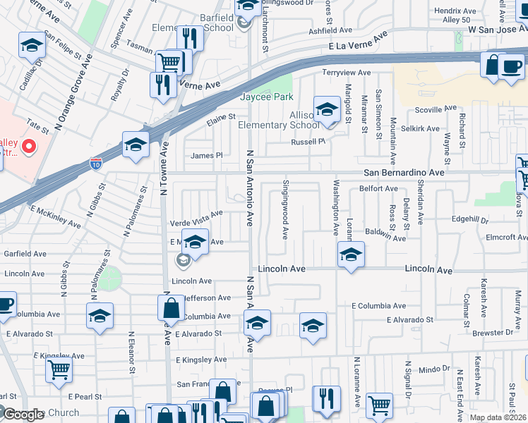 map of restaurants, bars, coffee shops, grocery stores, and more near 1530 North San Antonio Avenue in Pomona