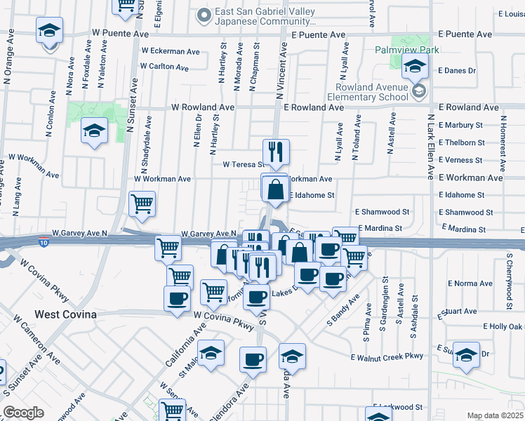 map of restaurants, bars, coffee shops, grocery stores, and more near 1001 West Garvey Avenue North in West Covina