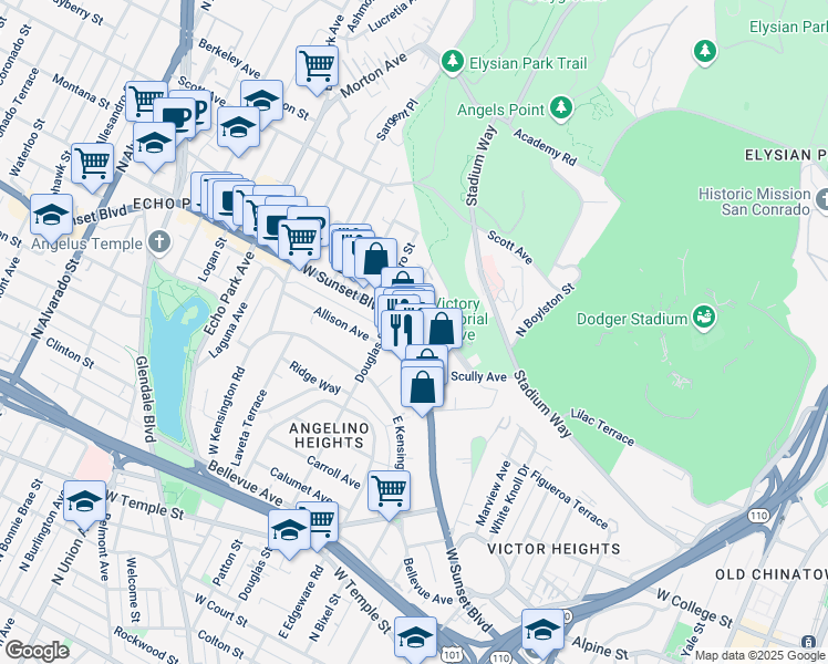 map of restaurants, bars, coffee shops, grocery stores, and more near 1309 West Lilac Terrace in Los Angeles