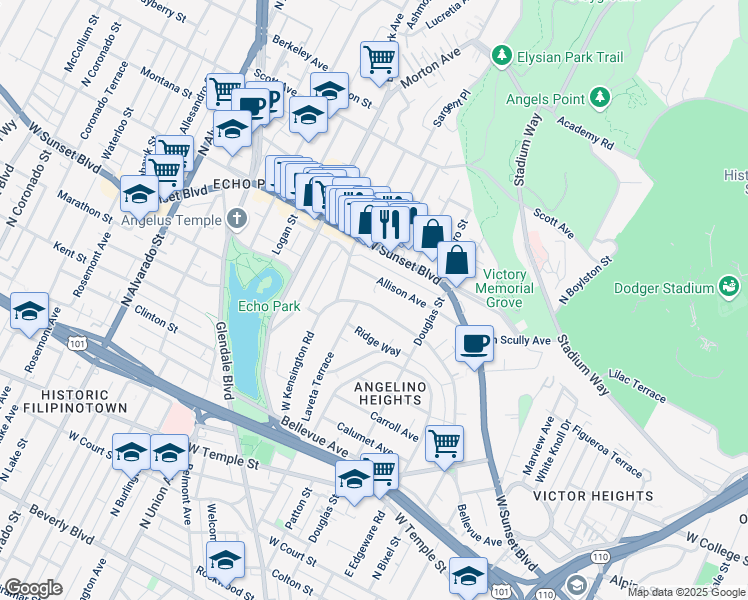 map of restaurants, bars, coffee shops, grocery stores, and more near 956 West Kensington Road in Los Angeles