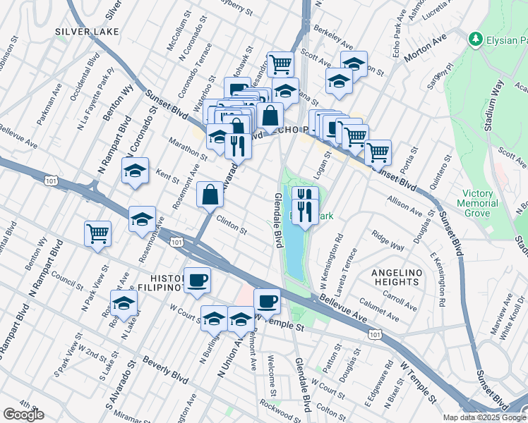 map of restaurants, bars, coffee shops, grocery stores, and more near 1747 Kent Street in Los Angeles