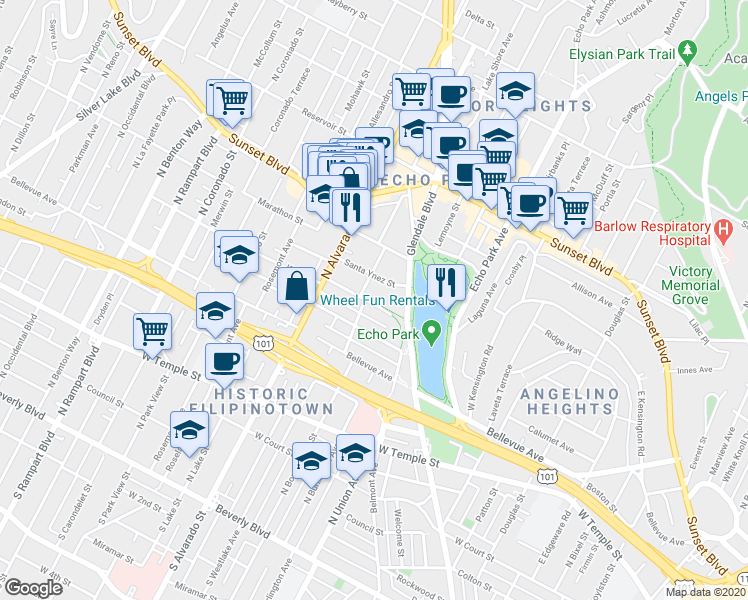 map of restaurants, bars, coffee shops, grocery stores, and more near 1747 Kent Street in Los Angeles