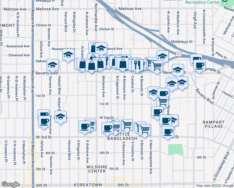 map of restaurants, bars, coffee shops, grocery stores, and more near 136 North Edgemont Street in Los Angeles