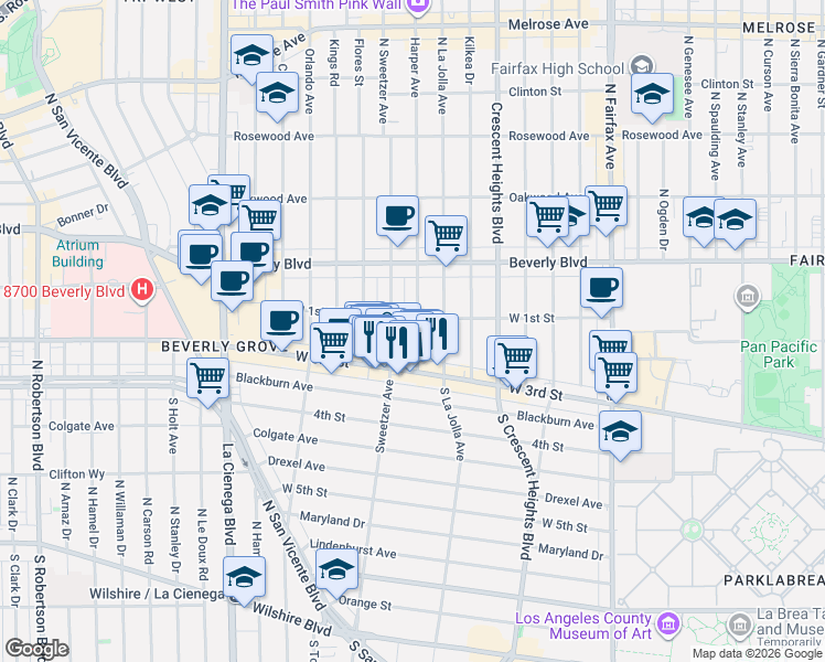 map of restaurants, bars, coffee shops, grocery stores, and more near 107 South Harper Avenue in Los Angeles