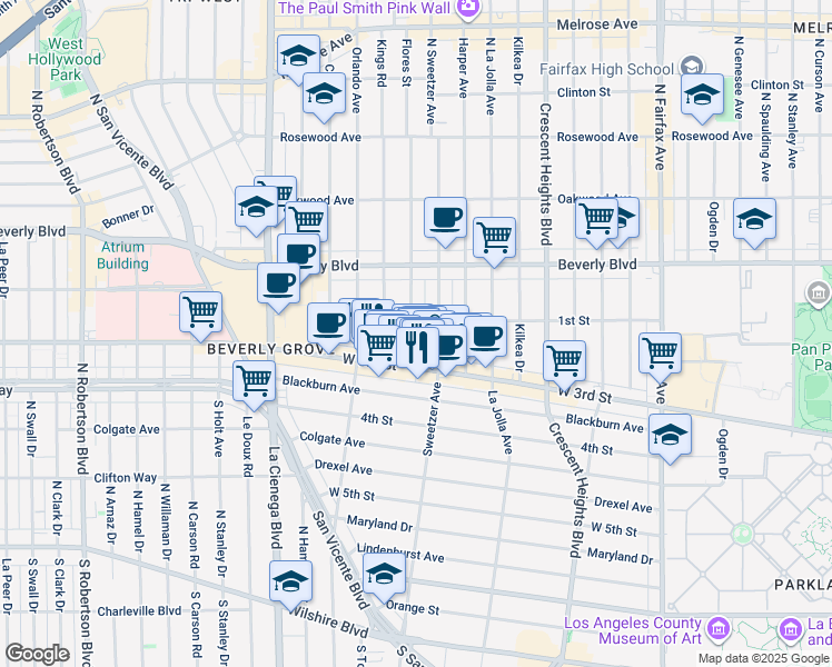 map of restaurants, bars, coffee shops, grocery stores, and more near 112 South Flores Street in Los Angeles
