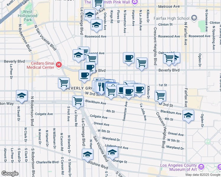 map of restaurants, bars, coffee shops, grocery stores, and more near in West Hollywood