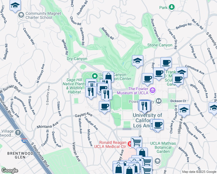 map of restaurants, bars, coffee shops, grocery stores, and more near 10741 Sunset Boulevard in Los Angeles