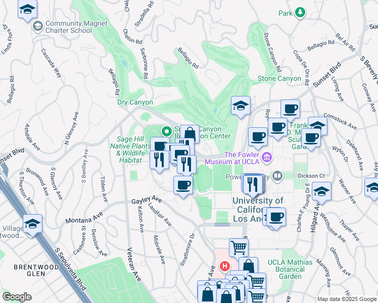 map of restaurants, bars, coffee shops, grocery stores, and more near 10741 Sunset Boulevard in Los Angeles