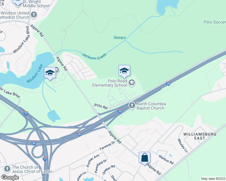 map of restaurants, bars, coffee shops, grocery stores, and more near 1270 Polo Road in Columbia