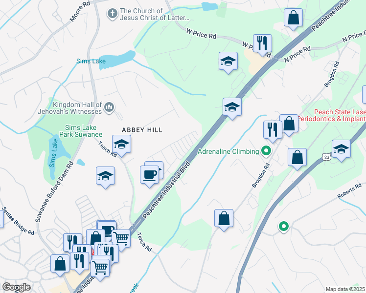 map of restaurants, bars, coffee shops, grocery stores, and more near 4220 Hadley Park Road in Sugar Hill