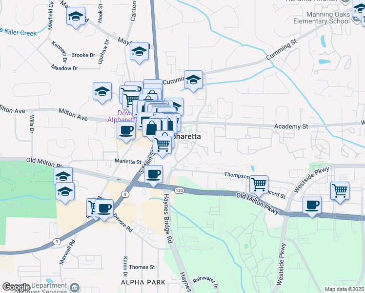map of restaurants, bars, coffee shops, grocery stores, and more near in Alpharetta