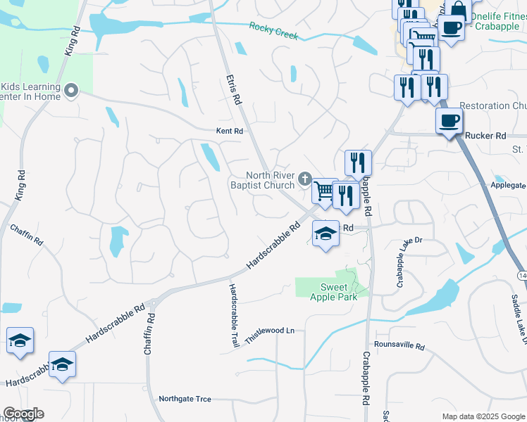 map of restaurants, bars, coffee shops, grocery stores, and more near 510 Bally Claire Lane in Roswell