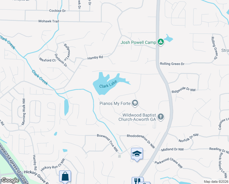 map of restaurants, bars, coffee shops, grocery stores, and more near 1460 Ridgeway Drive Northwest in Acworth