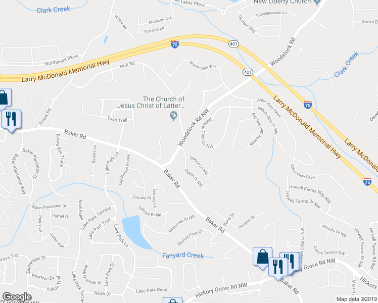 map of restaurants, bars, coffee shops, grocery stores, and more near 4948 Pippin Drive Northwest in Acworth