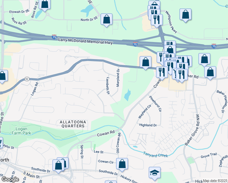 map of restaurants, bars, coffee shops, grocery stores, and more near 5005 Maryland Drive in Acworth