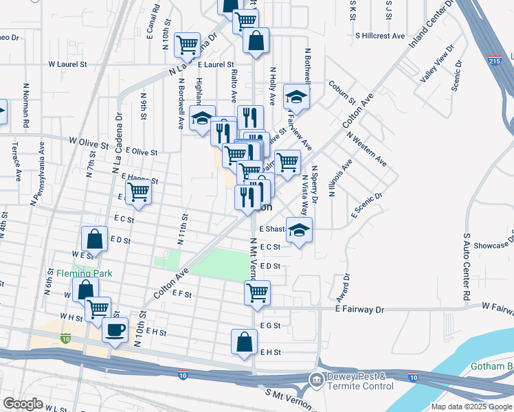 map of restaurants, bars, coffee shops, grocery stores, and more near Almond Drive in Loma Linda