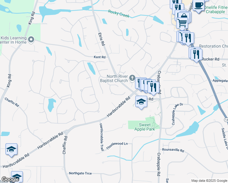 map of restaurants, bars, coffee shops, grocery stores, and more near 510 Bally Claire Lane in Roswell