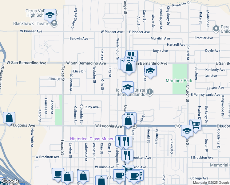 map of restaurants, bars, coffee shops, grocery stores, and more near 106 West Pennsylvania Avenue in Redlands