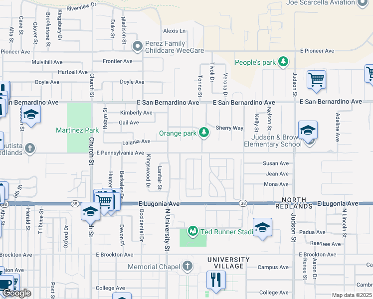 map of restaurants, bars, coffee shops, grocery stores, and more near 1135 East Pennsylvania Avenue in Redlands