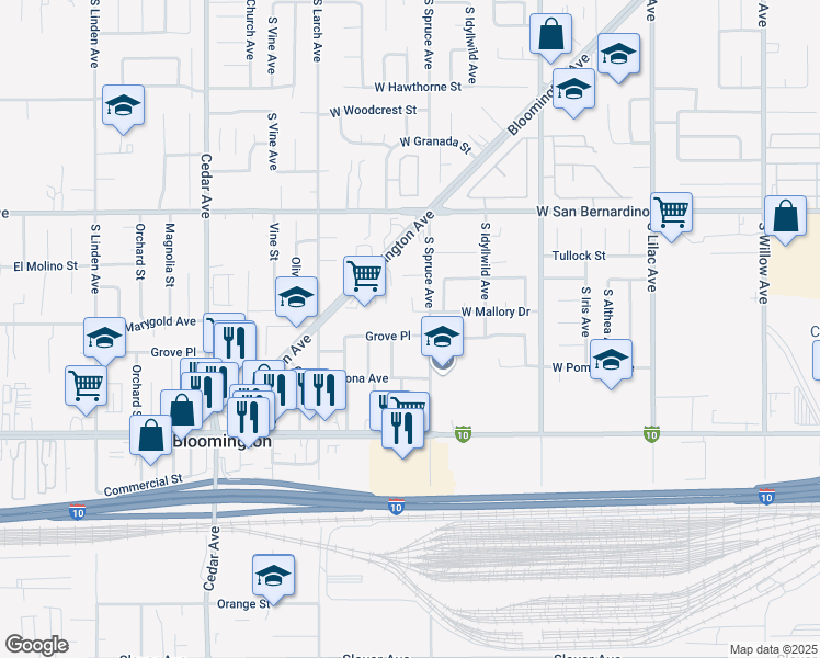 map of restaurants, bars, coffee shops, grocery stores, and more near 19064 Grove Place in Bloomington