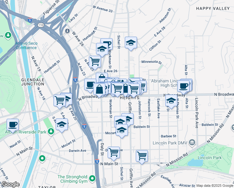 map of restaurants, bars, coffee shops, grocery stores, and more near 2725 North Broadway in Los Angeles