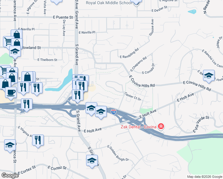 map of restaurants, bars, coffee shops, grocery stores, and more near 1149 Dawn Ridge Way in Covina