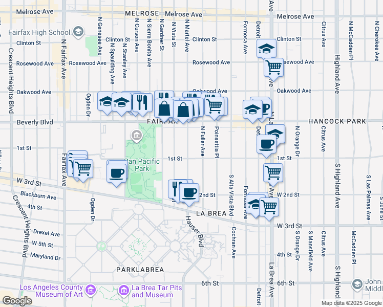 map of restaurants, bars, coffee shops, grocery stores, and more near 110 North Martel Avenue in Los Angeles