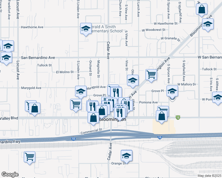map of restaurants, bars, coffee shops, grocery stores, and more near 9907 Cedar Avenue in Bloomington