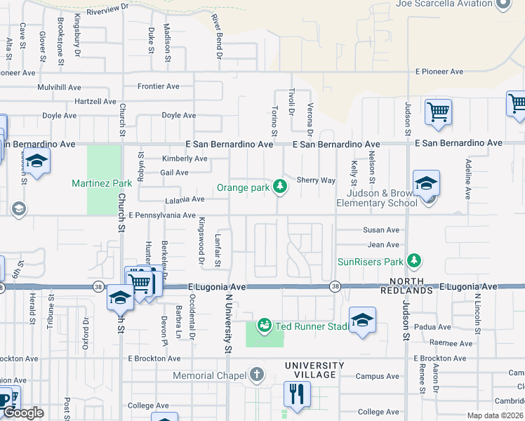 map of restaurants, bars, coffee shops, grocery stores, and more near 1147 East Pennsylvania Avenue in Redlands
