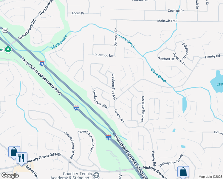 map of restaurants, bars, coffee shops, grocery stores, and more near 2399 Doubletree Drive Northwest in Acworth