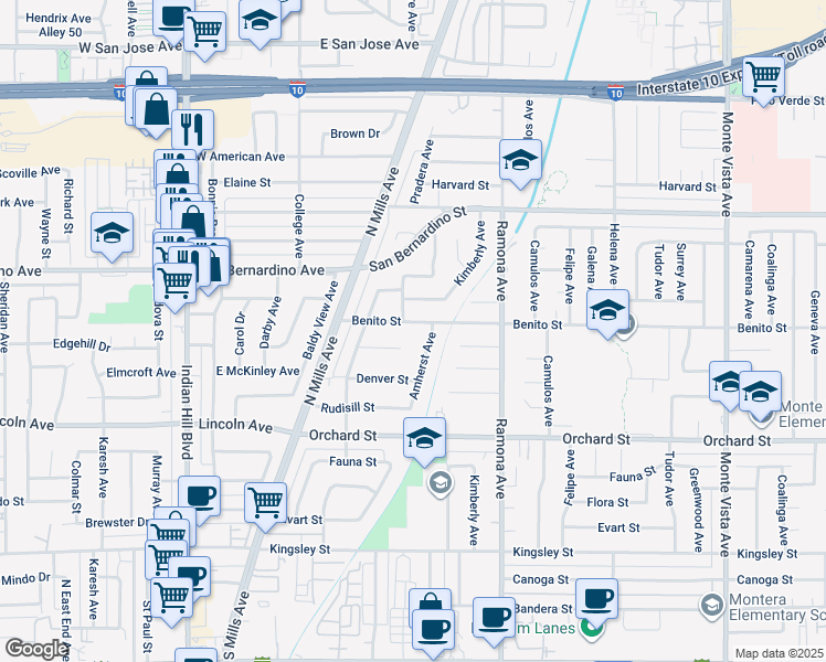 map of restaurants, bars, coffee shops, grocery stores, and more near 4327 Benito Street in Montclair