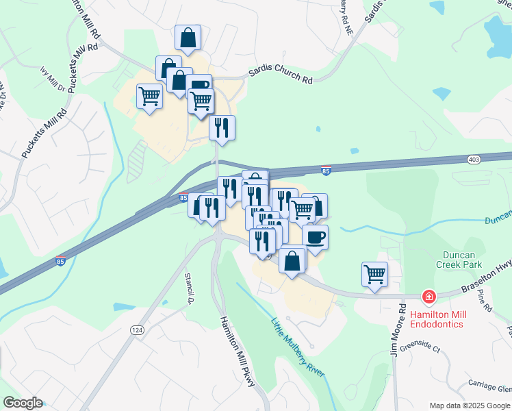 map of restaurants, bars, coffee shops, grocery stores, and more near 2463 Hamilton Mill Parkway in Dacula