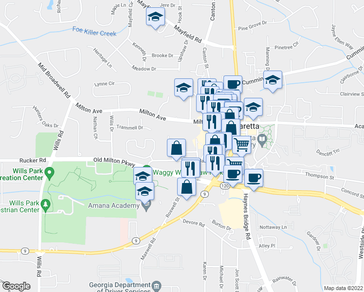 map of restaurants, bars, coffee shops, grocery stores, and more near Orchid Lane in Alpharetta