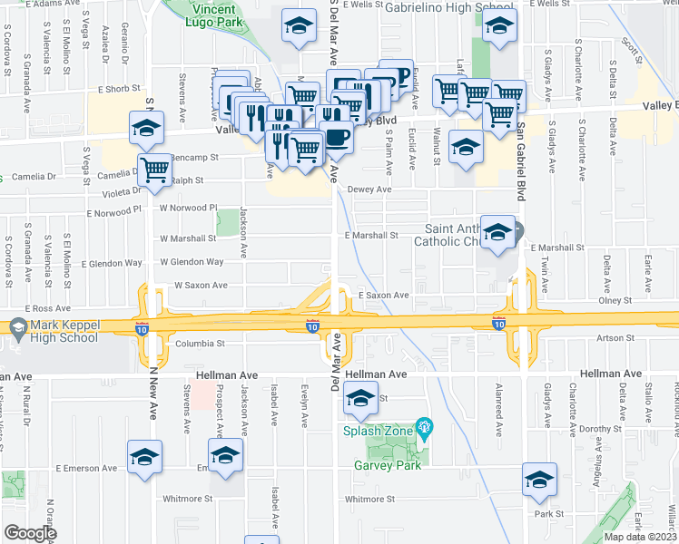 map of restaurants, bars, coffee shops, grocery stores, and more near 1950 South Del Mar Avenue in San Gabriel
