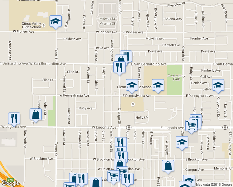 map of restaurants, bars, coffee shops, grocery stores, and more near 10 West Pennsylvania Avenue in Redlands