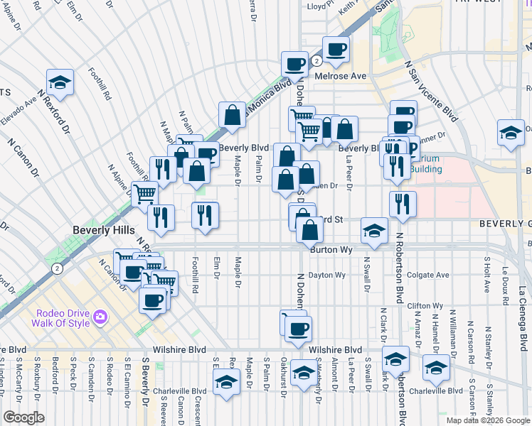 map of restaurants, bars, coffee shops, grocery stores, and more near 332 North Palm Drive in Beverly Hills