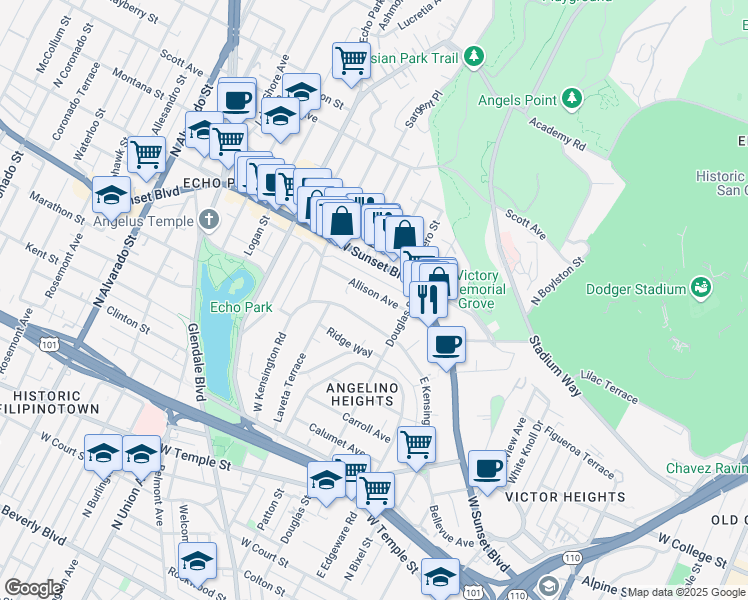 map of restaurants, bars, coffee shops, grocery stores, and more near 1440 Allison Avenue in Los Angeles