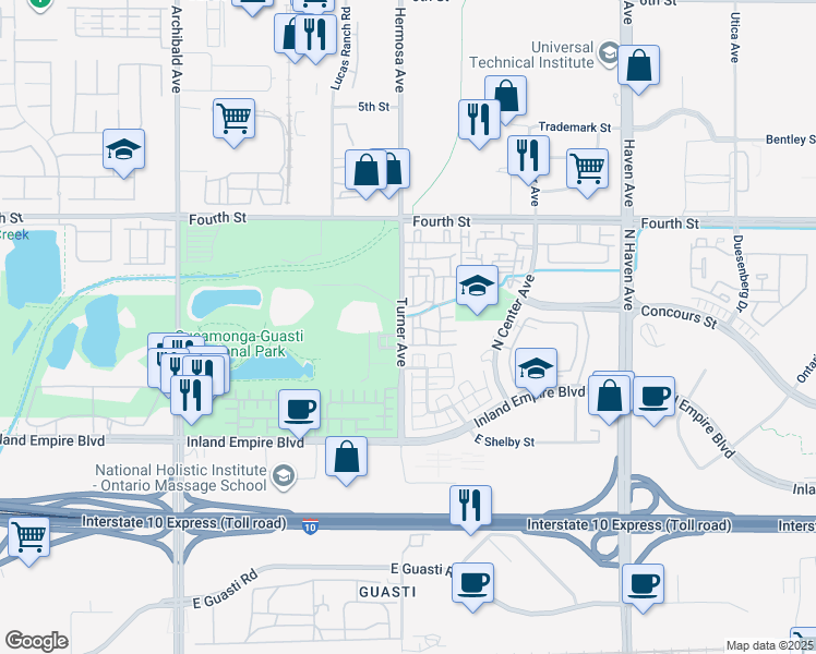 map of restaurants, bars, coffee shops, grocery stores, and more near 948 North Turner Avenue in Ontario