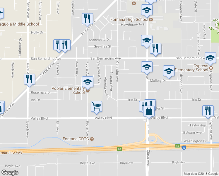 map of restaurants, bars, coffee shops, grocery stores, and more near 9900 Niagara Avenue in Fontana