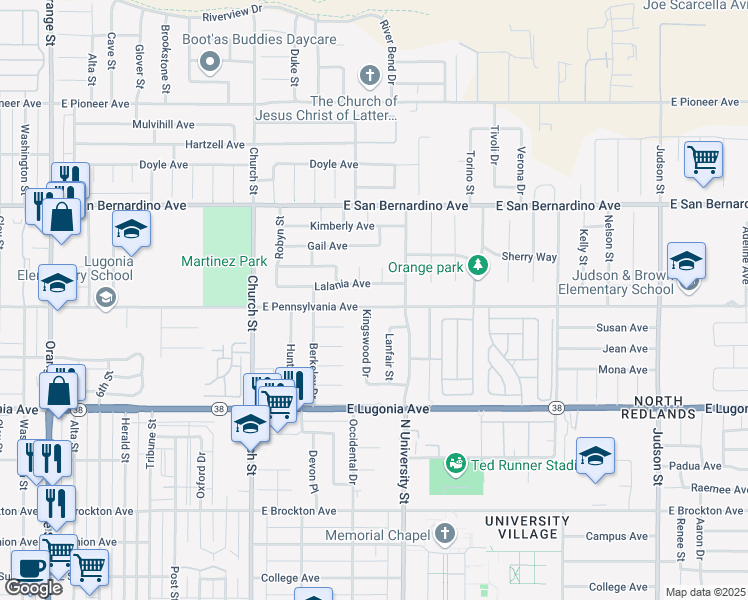 map of restaurants, bars, coffee shops, grocery stores, and more near 1005 East Pennsylvania Avenue in Redlands