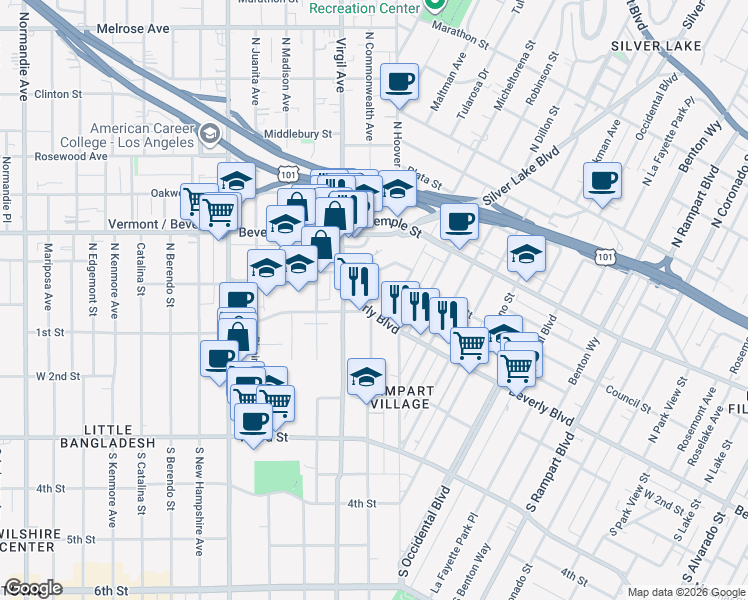 map of restaurants, bars, coffee shops, grocery stores, and more near 112 N Commonwealth Ave in Los Angeles
