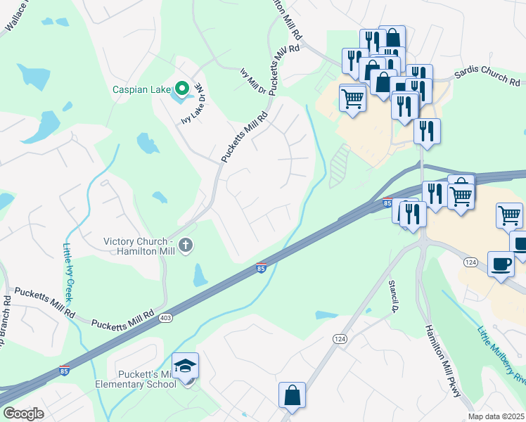 map of restaurants, bars, coffee shops, grocery stores, and more near 3230 Kylay Court Northeast in Buford