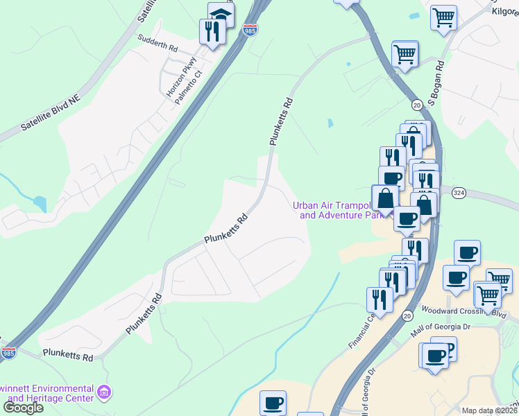map of restaurants, bars, coffee shops, grocery stores, and more near 1561 Plunketts Road in Buford