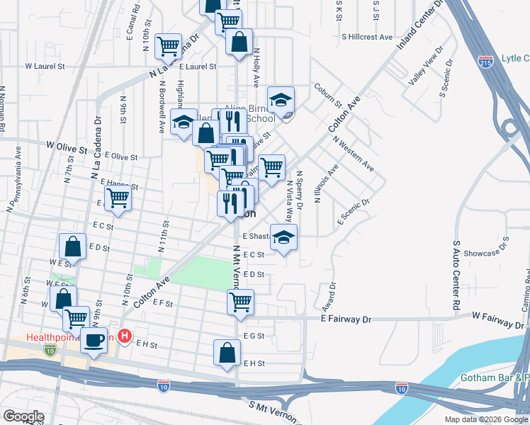 map of restaurants, bars, coffee shops, grocery stores, and more near 853 Orange Grove Avenue in Colton