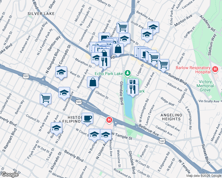 map of restaurants, bars, coffee shops, grocery stores, and more near 1747 Kent Street in Los Angeles